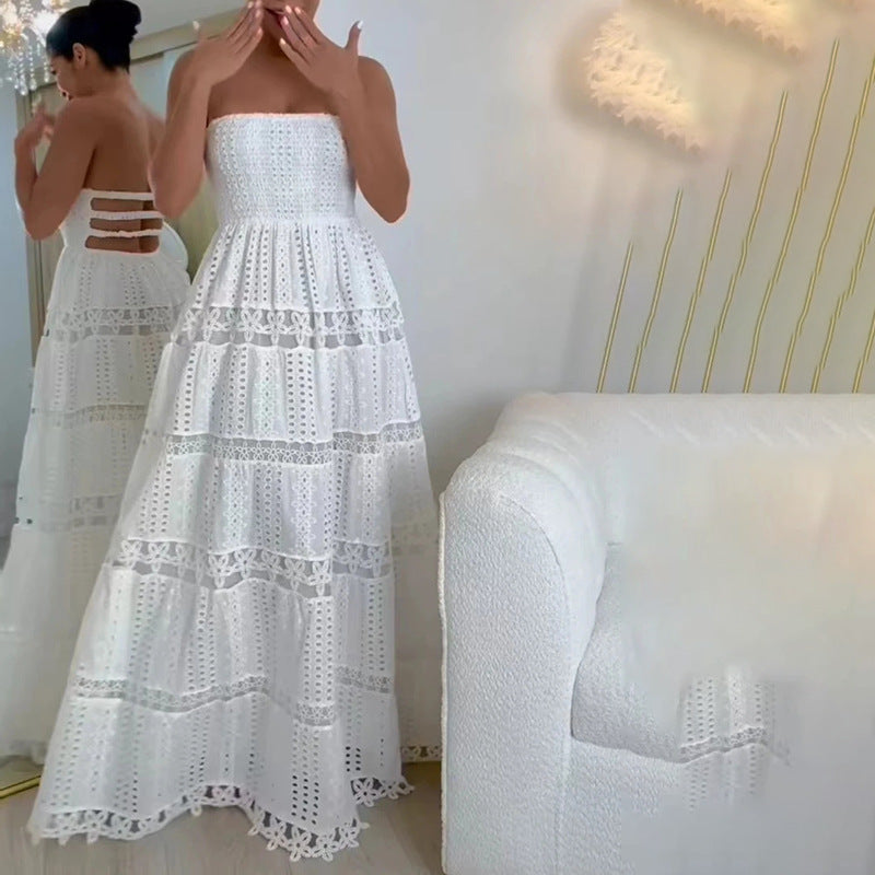 Casual Maxi Dress Spring High Sense Embroidery Hollow Out Cutout out Tube Top Dress Women Clothing by Ragazza