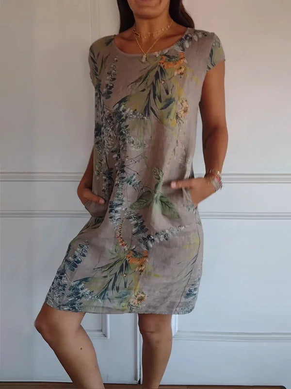 Women Clothing Summer Cotton Linen round Neck Printed with Pocket by Ragazza