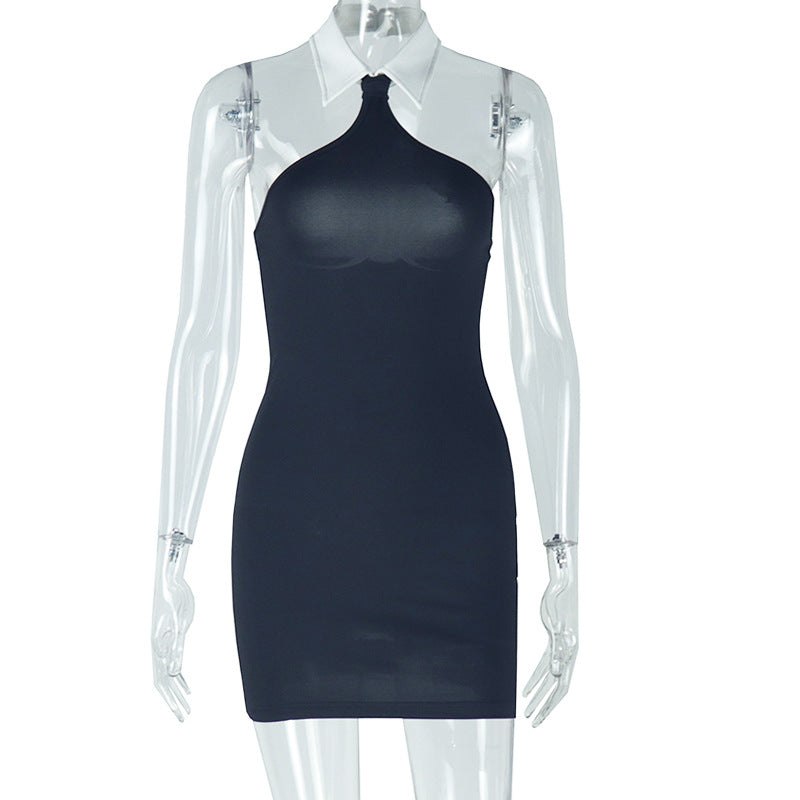 Women Wear Backless Slim Fit Solid Color Hip Sleeveless Mid Waist Halter Blouse Collar Dress by Ragazza
