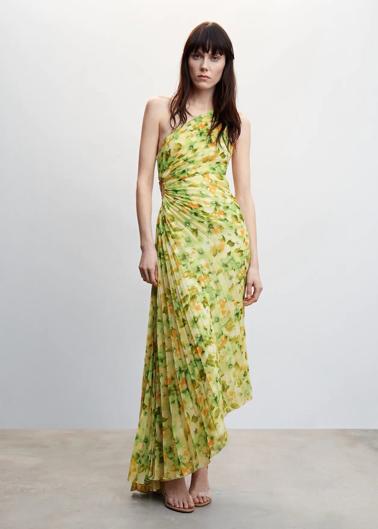 French Best Women Clothes One-Shoulder Floral Printed Pleated Dress by Ragazza