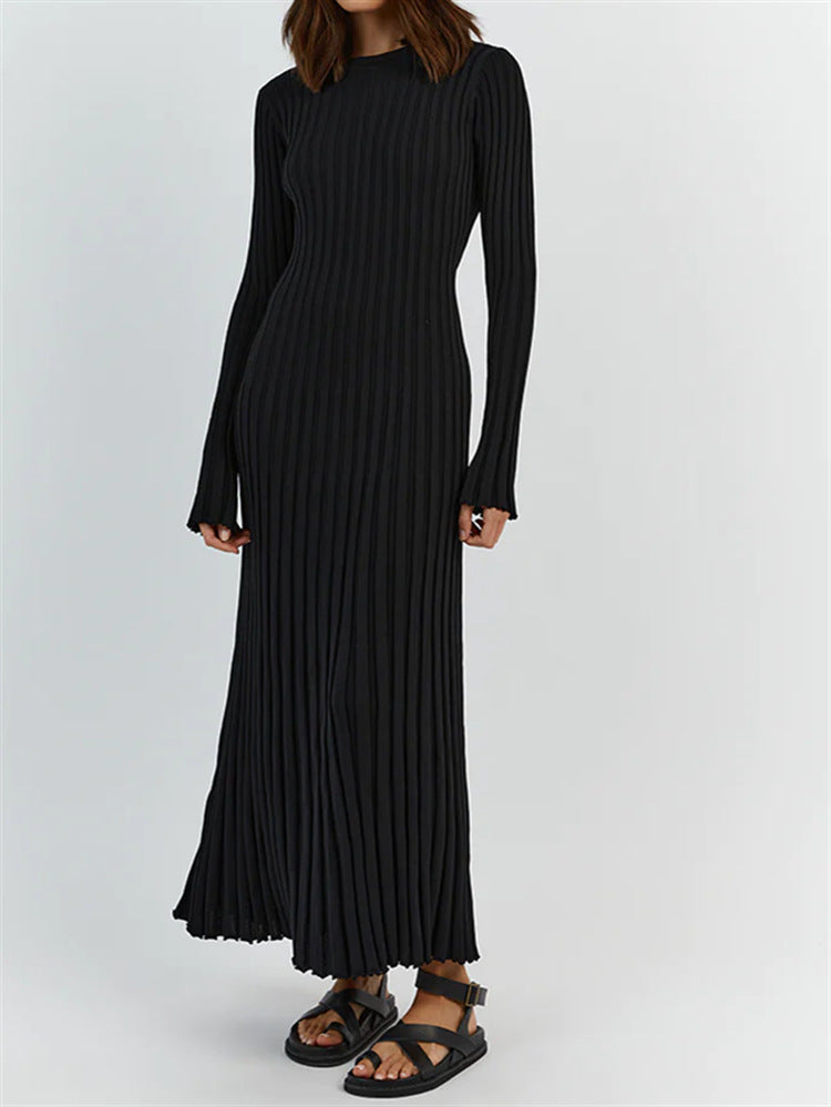 Long Sleeve Round Neck Tight Knitted Dress Autumn Sweater Dress Sunken Stripe Solid Color Base Dress by Ragazza