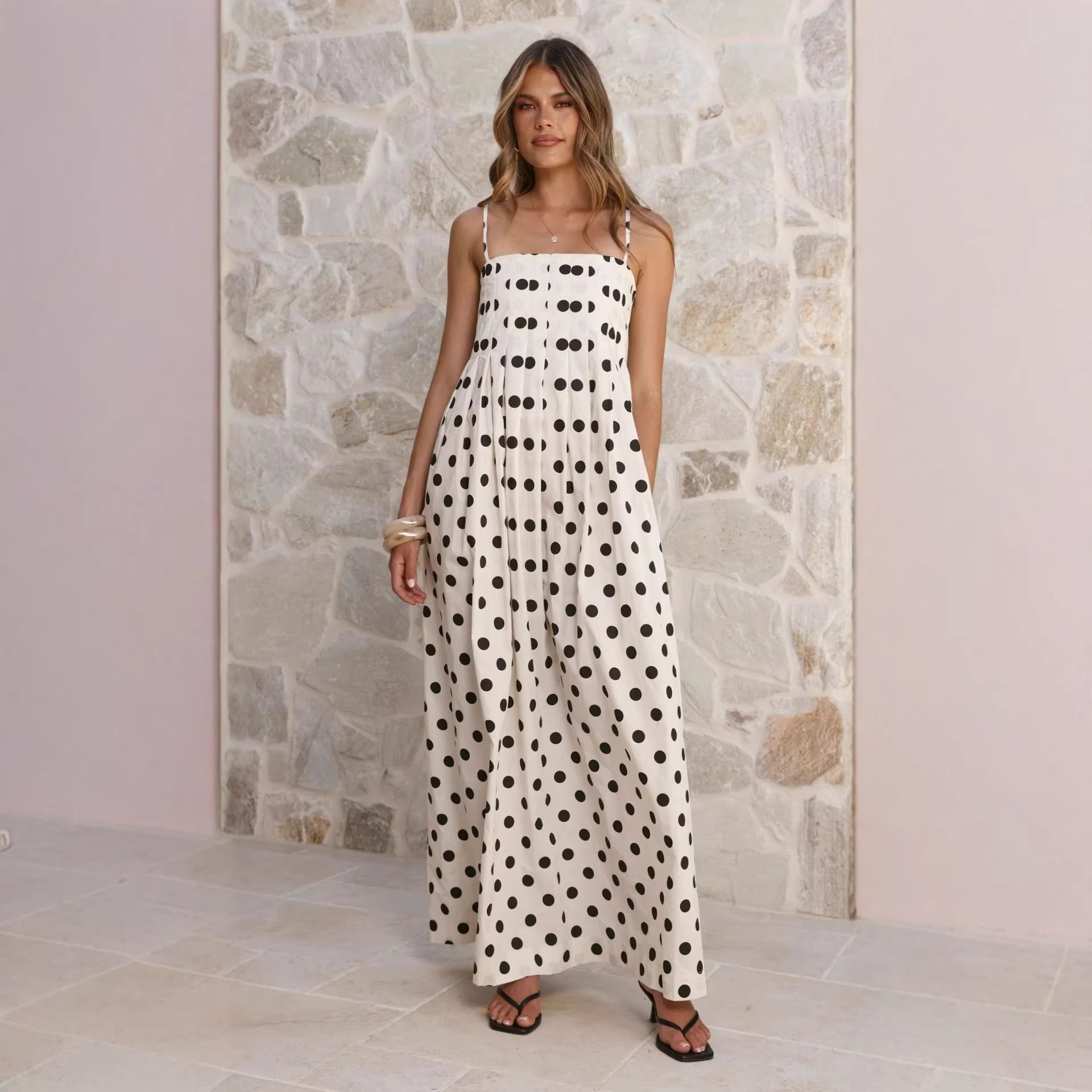 Summer Polka Dot Printed Pleated Craft Sweet Spaghetti Strap Mid Length Dress by Ragazza