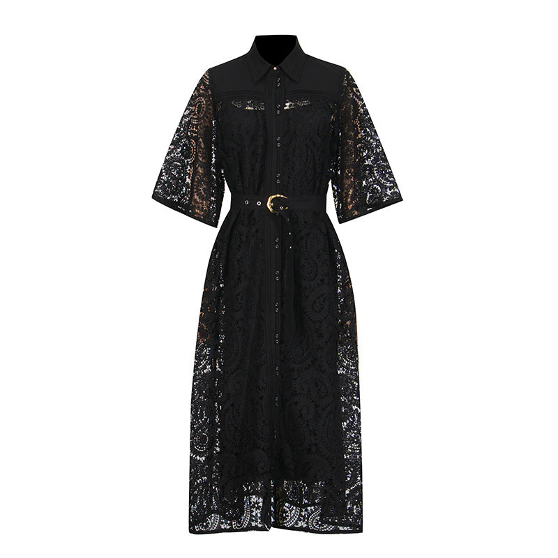 Retro Casual Elegant Dress Autumn Polo Collar Lace Hollow Out Cutout High Waist Bell Sleeve Maxi Dress Women by Ragazza