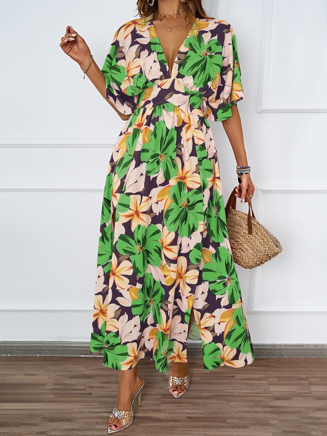 Summer Floral Print Maxi Dress Elastic Band Waist Tight Big V neck Short Sleeve Dress for Women by Ragazza