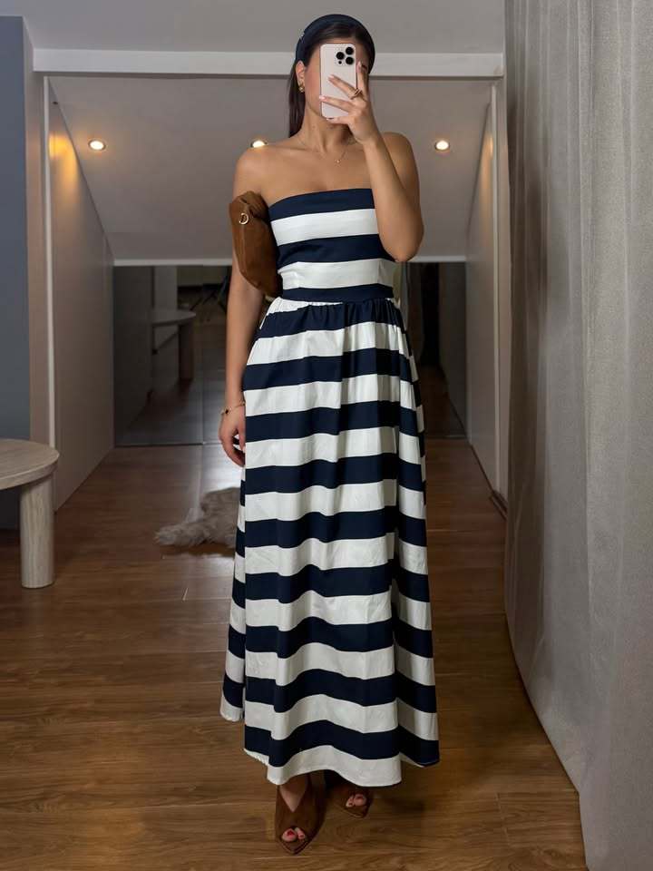 Women Dress Striped Print Wrapped Chest Swing Sexy Vacation Maxi Dress DestGlow