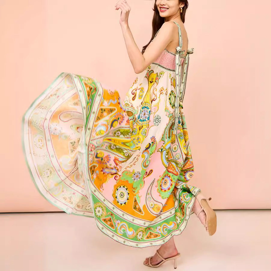 Sexy Women Clothing Sling Graffiti Printing Sleeveless Bow Swing Cotton Linen Dress by Ragazza