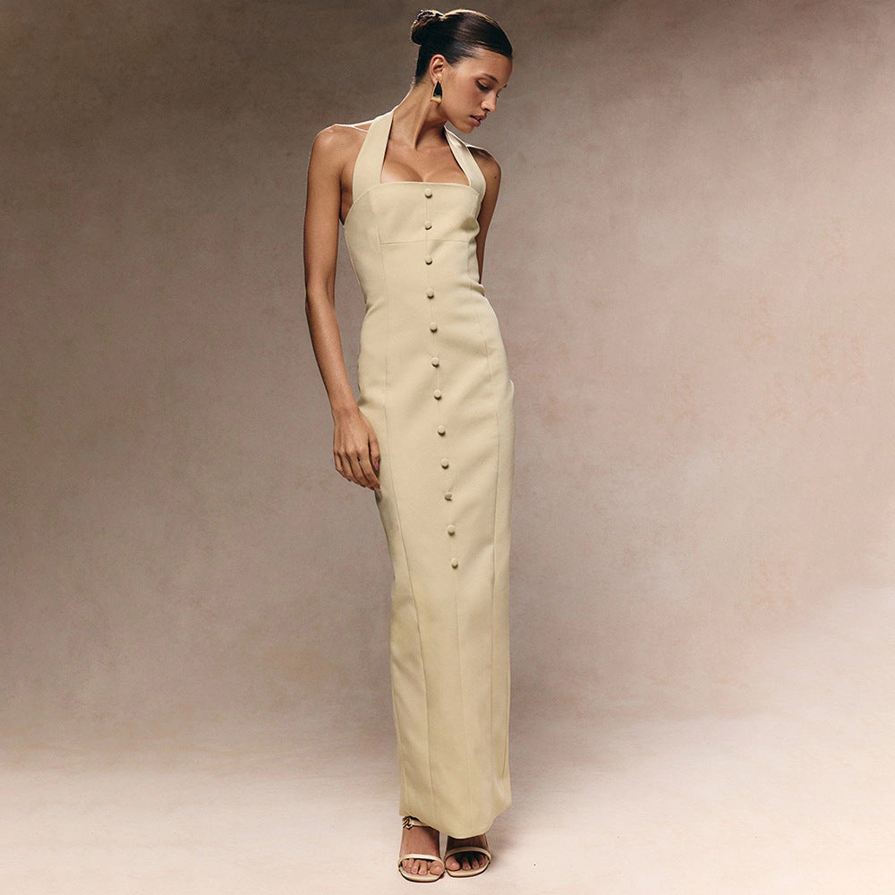 Women Clothing Summer Sleeveless Simple Decorative Buttons Square Collar Midi Dress by Ragazza