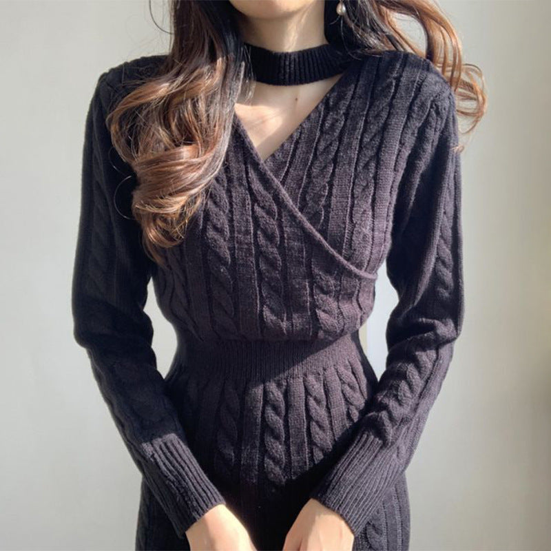Chic Personality All Match Round Neck Hemp Pattern Front Back Wearable Design Sneaky Design Split Sweater Dress Women by Ragazza