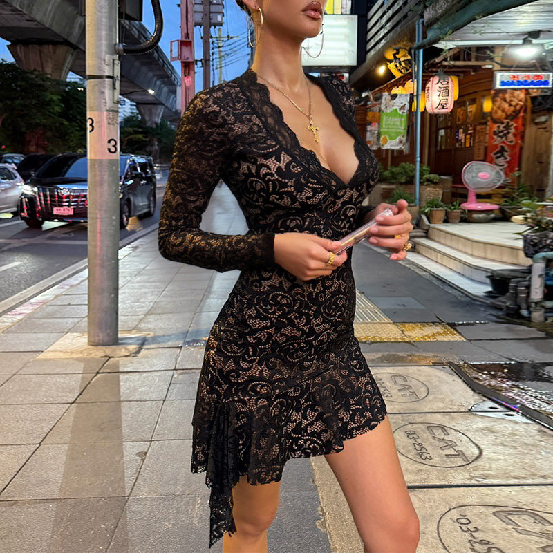 Autumn Adult Lady like Woman Sexy Hip Lace Long Sleeve Irregular Asymmetric Hem Deep V Plunge Dress by Ragazza