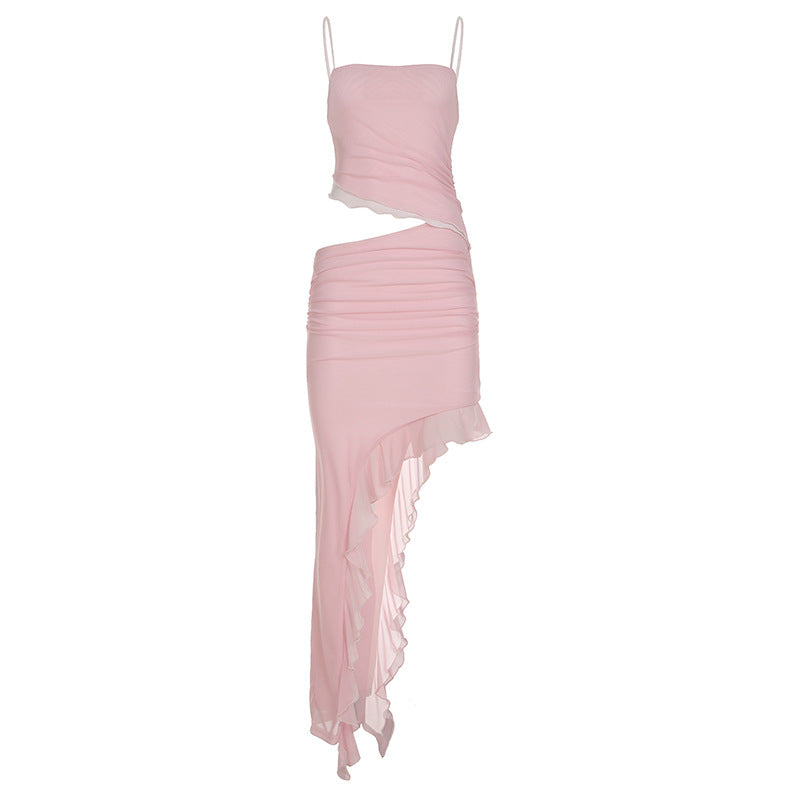 Vacation Women Clothing Cropped Outfit Ruffled Mesh Dress Irregular Asymmetric Solid Color Elegant Graceful Halter by Ragazza