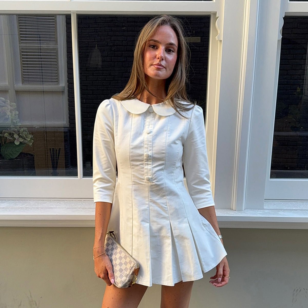 Early Autumn Preppy Doll Collar Breasted Waist Tight Graceful Half Sleeve Dress Sexy Girlish Pleated Dress DestGlow