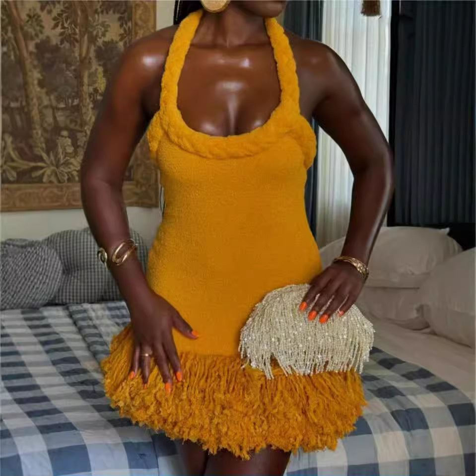 Autumn Winter Hand Woven Twine Rope Shoulder Strap Tassel Dress Swing Short Dress by Ragazza