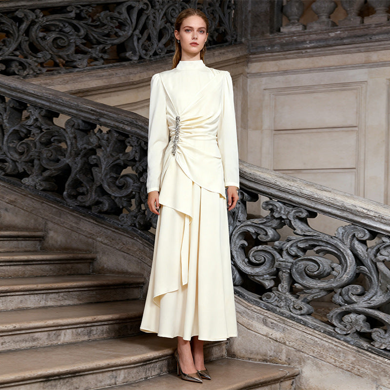 Elegant Palace Light Luxury Formal Dress Women Clothing Autumn Solid Color Diamond Pleated Long Sleeve Dress by Ragazza