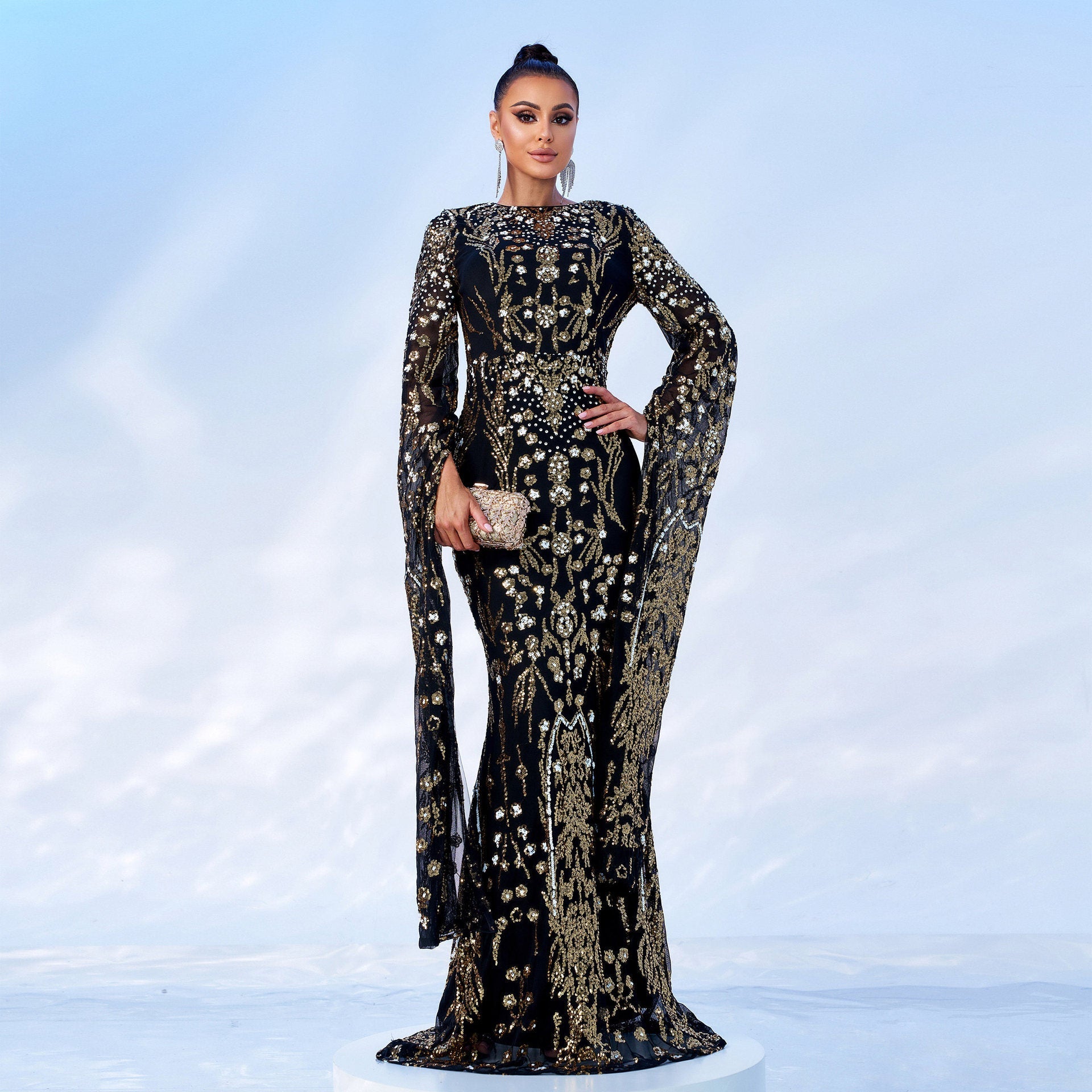Super Long Sleeve Crew Neck Sexy Slim Long Sequined Cocktail Evening Dress Bridesmaid Dress by Ragazza