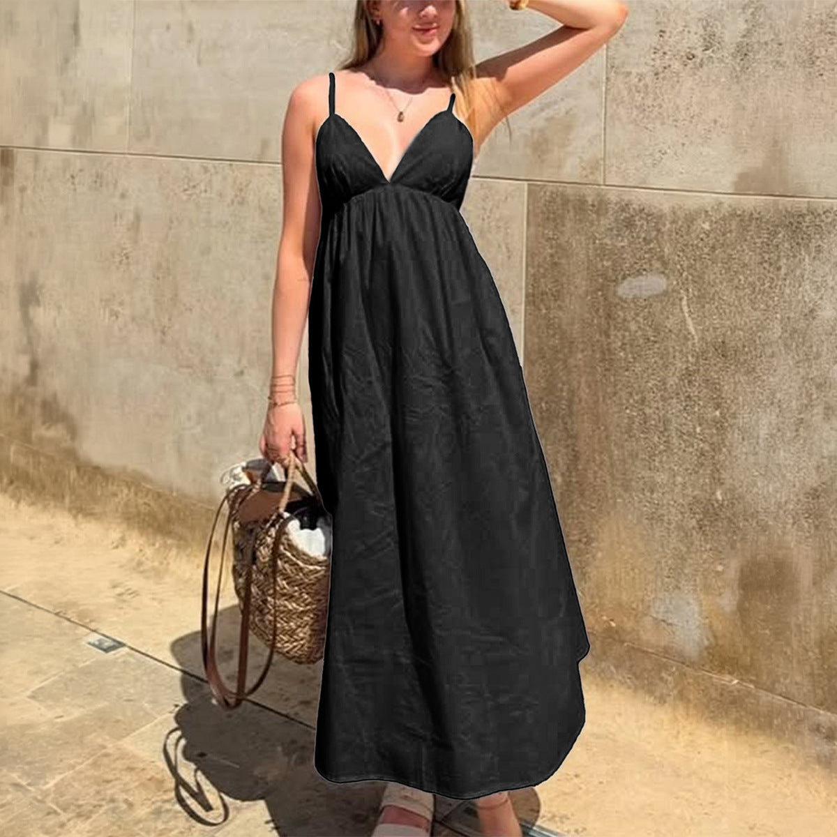 Women Clothing Summer Casual Vacation Sling Deep V Plunge High Waist Loose Dress by Ragazza
