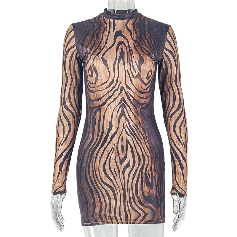 Slim Fitting Women Color Matching Black Pattern Street Hip Sexy round Neck Long Sleeve Short Dress DestGlow