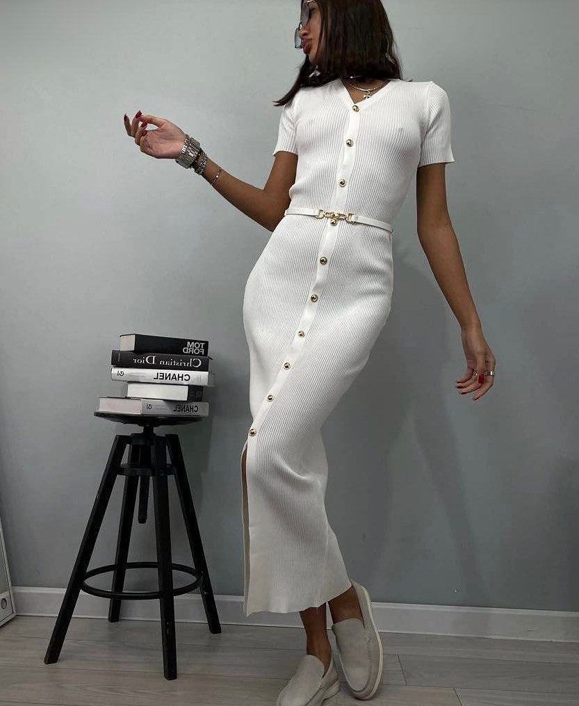 V neck Multi Breasted Dress Knitted Solid Color Slim Fit Short Sleeve Elegant Retro Long Knitted Hip Dress Women DestGlow