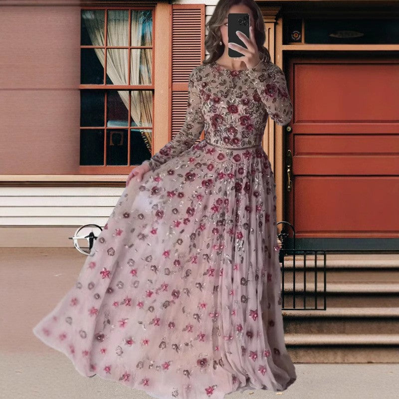 Summer Sexy Slim Fit Slimming Mid Length Long Sleeve Waist Tight Three Dimensional Floral Large Swing Dress DestGlow