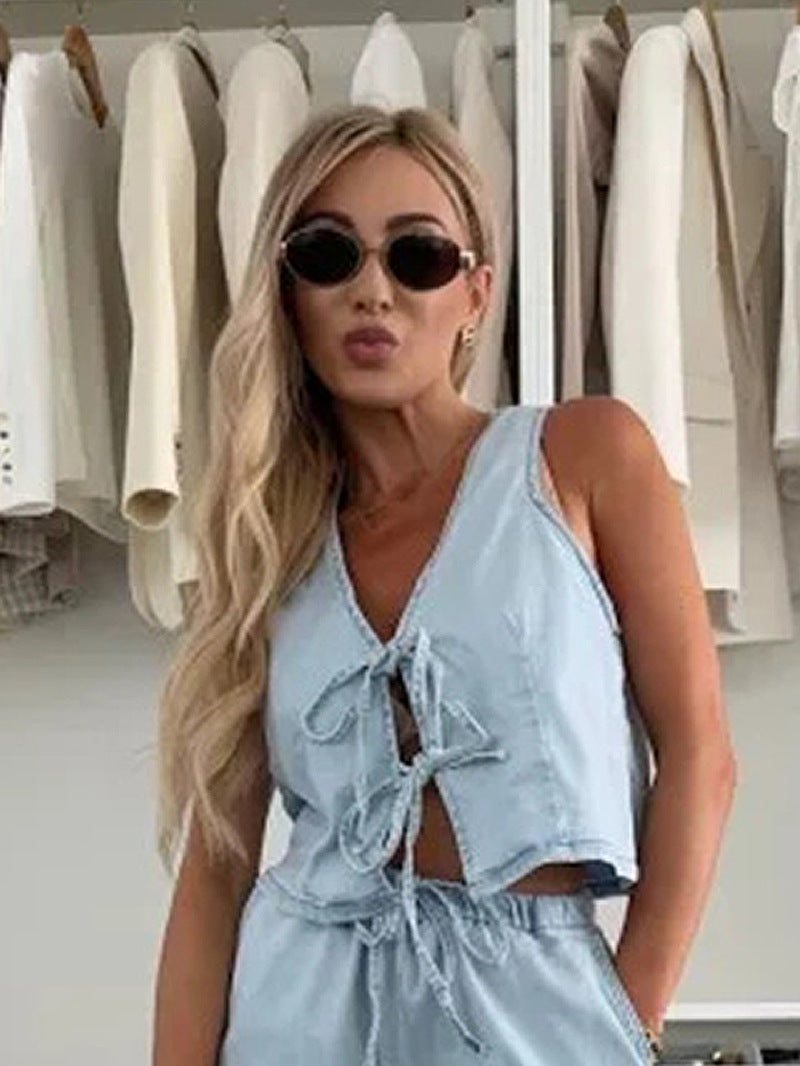 Women Spring Summer Sleeveless Lace up Vest Lace up Wide Leg Jeans Denim Set by Ragazza