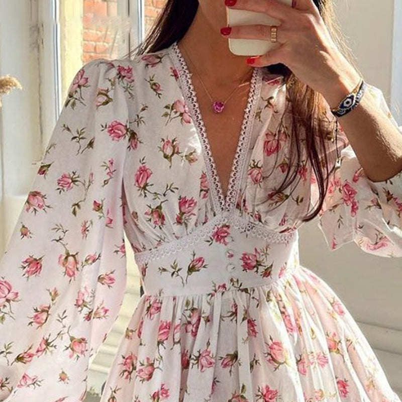 Autumn Winter Women Clothing Street Casual Floral Midi High Waist Slim V neck Dress by Ragazza