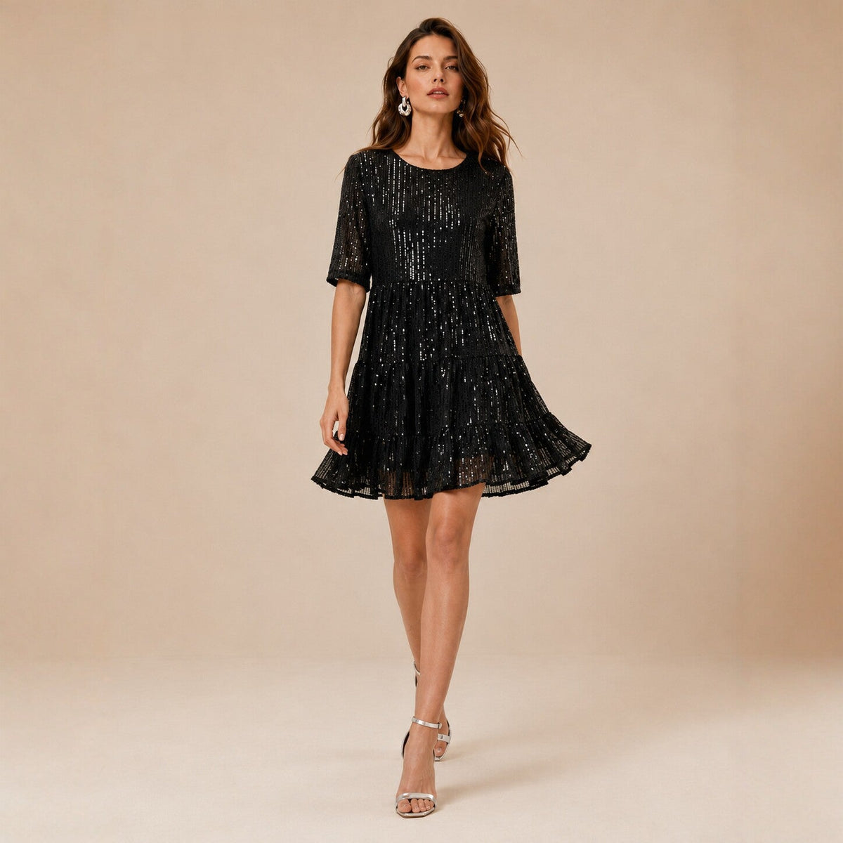 Sequined Short Sleeve A line Dress Cocktail Women Short Dress DestGlow