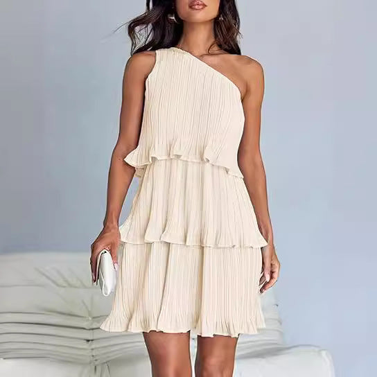 Spring Summer Women Clothing Oblique Shoulder Layered Stitching Hem Solid Color Dress Women by Ragazza