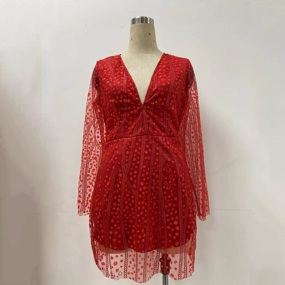 Women Clothing Dress Deep V Plunge See through Long Sleeve Short Dress Gold Dress by Ragazza