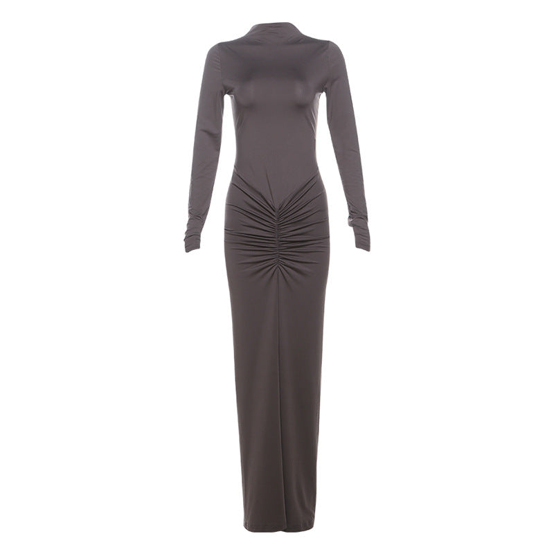 Autumn Winter Sexy Slimming Beam Waist Solid Color Maxi Dress Pleated Dress Women DestGlow