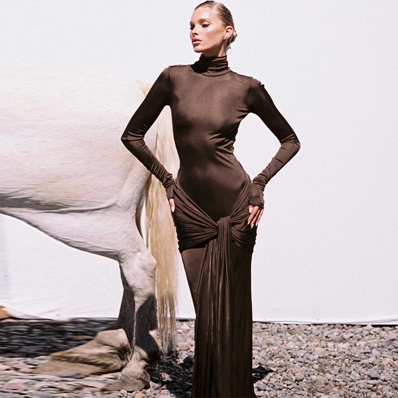 French Solid Color Autumn Winter Turtleneck Long Sleeve Stitching Lace up Long Slim Fit Dress Women by Ragazza
