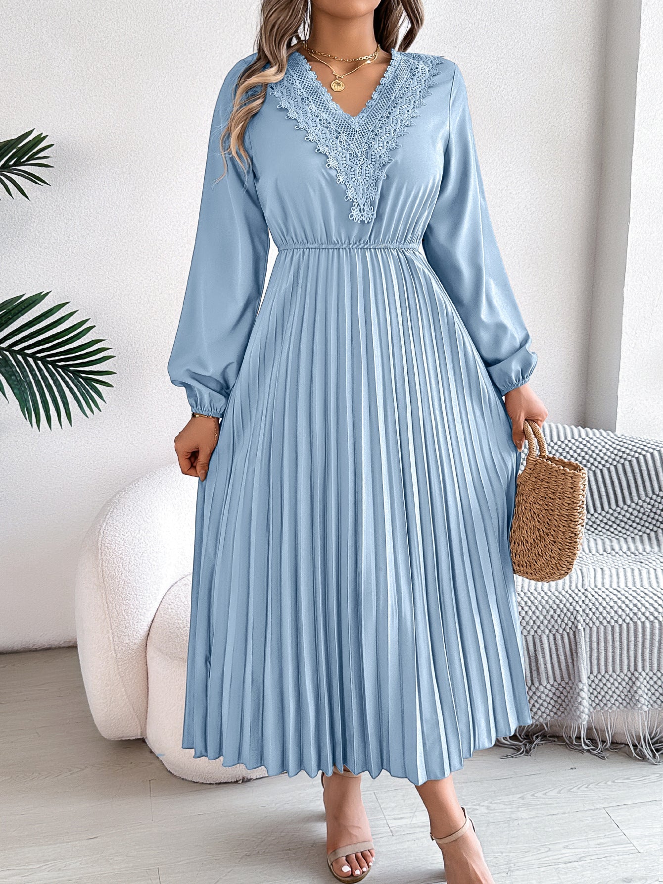 Spring Summer Elegant V neck Lace Cinched Pleated Maxi Dress Women Clothing by Ragazza