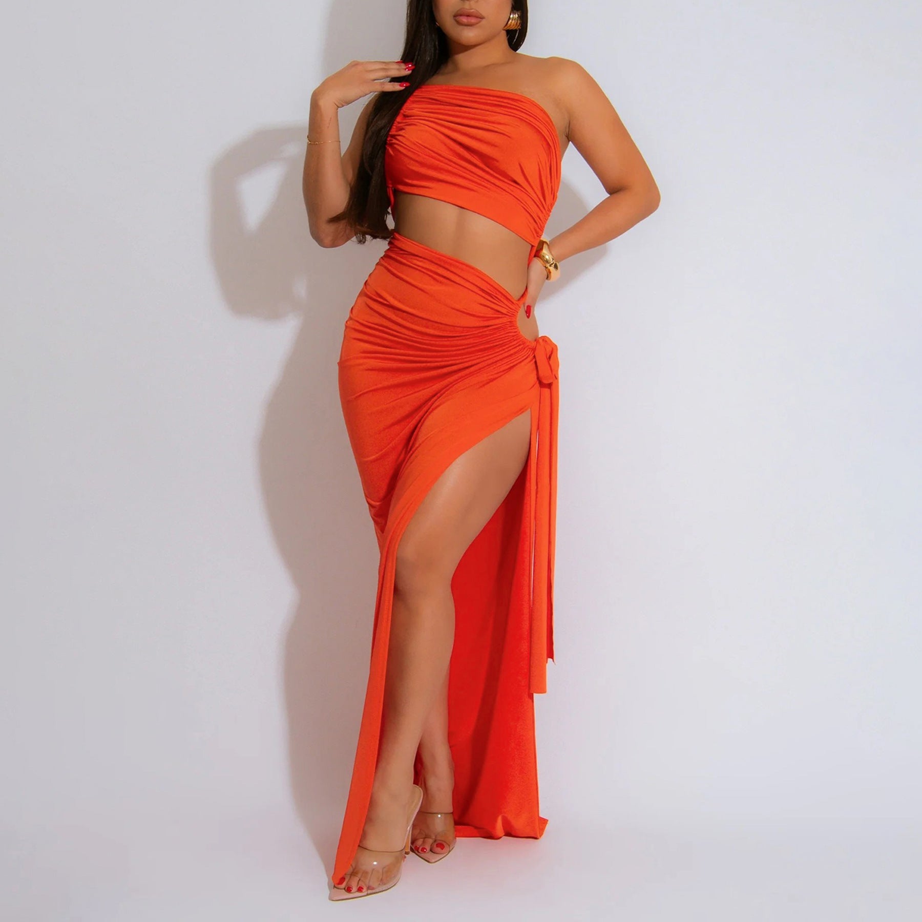Supply Women Wear Solid Color Diagonal Collar Sexy Tube Top Split Dress by Ragazza