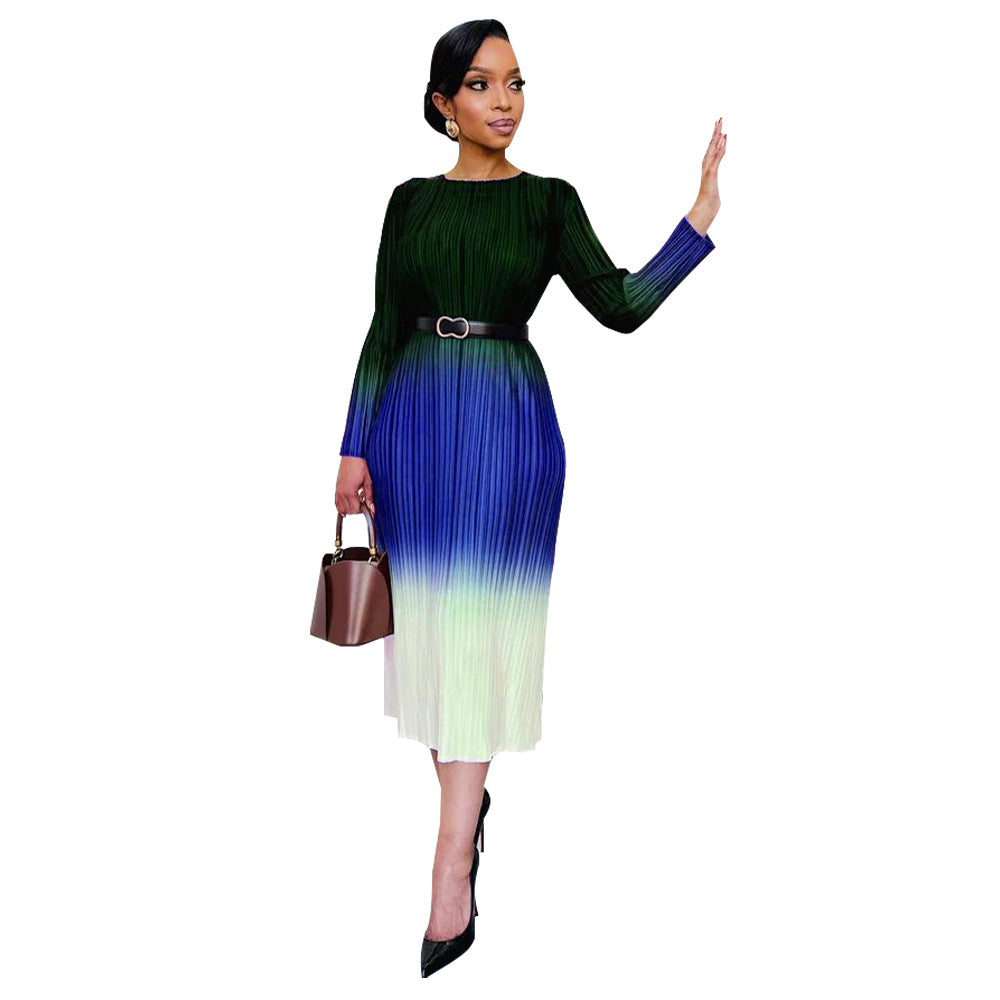 Women Clothing Gradient Positioning Printing Long Sleeve Pleated Dress by Ragazza