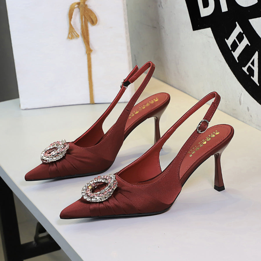 Sexy Satin Closed Toe Sandals Rhinestone round Buckle Stiletto Heel Ankle-Strap Buckle High Heels Women DestGlow