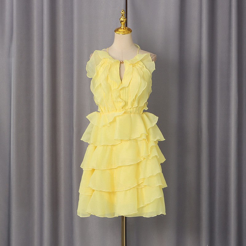 Fashionable Casual Elegant Short Dress Elegant Halter Sleeveless Three Dimensional Wooden Ear Solid Color Dress Women DestGlow