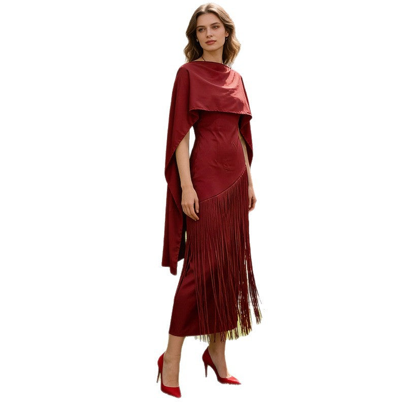 Spring Elegant Retro Faux Two Piece Long Skirt Shawl Design Tassel Dress Swing Dress Women by Ragazza