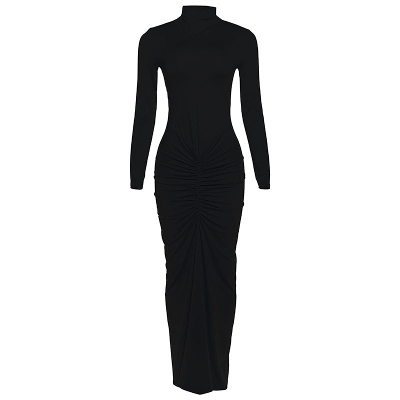 Women Clothing Autumn Solid Color Elegant Slim Slimming Pleated Turtleneck Long Sleeve Dress by Ragazza