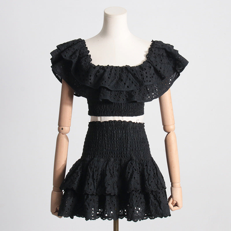 Summer French Wooden Ear Short Top High Waist Cake Layer Skirt Sexy Two Piece Suit Suit by Ragazza