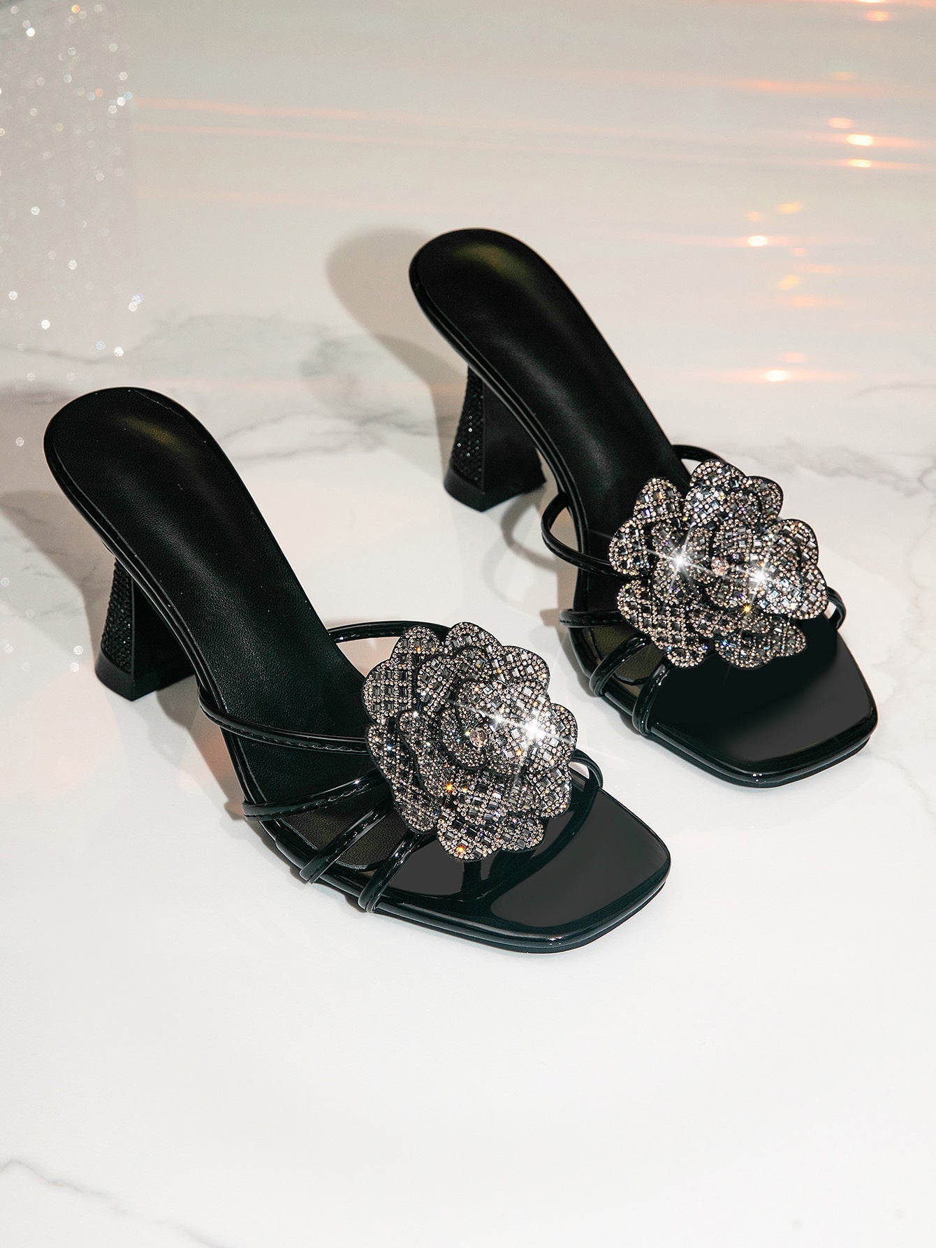 Women Summer Sandals High Heel Slippers Wine Cup Heel Rhinestone Floral High Heel Sandals Black Silver Gold DestGlow