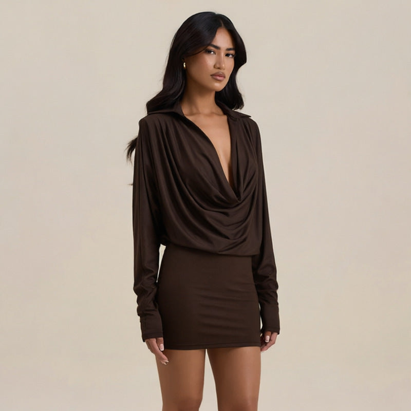Women Clothing Autumn Winter Solid Color Casual Swing Collar Long Sleeve Slim Mini Pleated Short Dress DestGlow