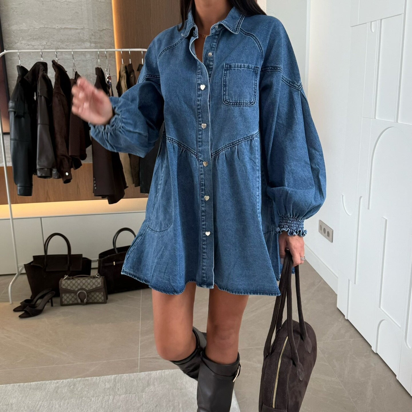 Women Clothing Casual Shirt Button Long Sleeve Denim Dress by Ragazza