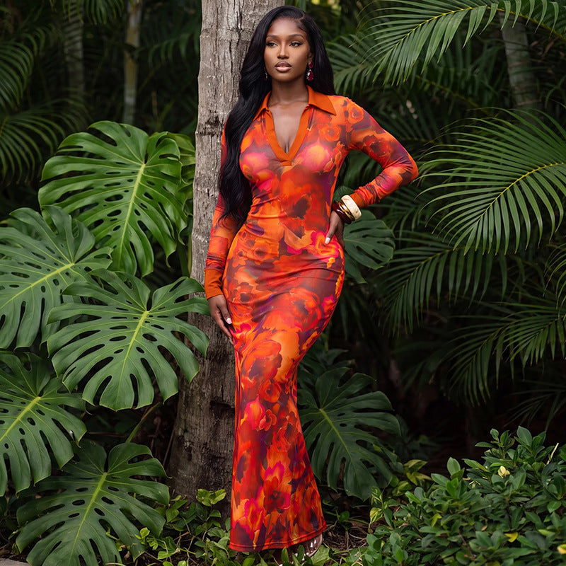 Women Clothing Autumn Sexy Digital Printing Contrast Color Polo Collar Long Sleeve Slim Dress DestGlow