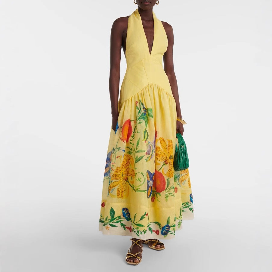 Summer Printing Halter Backless Large Swing Deep V Plunge neck Linen Dress Women by Ragazza