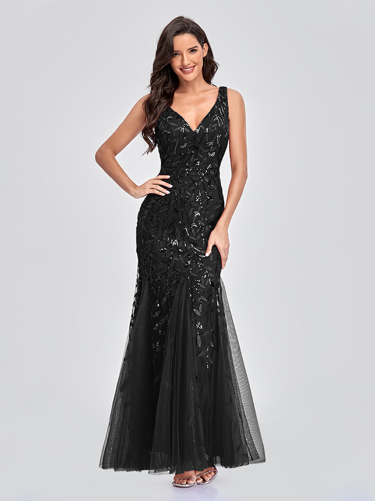 Evening Dress V neck Tulle Embroidered Sequ Sexy Mermaid Prom Dress Women Formal Dress by Ragazza