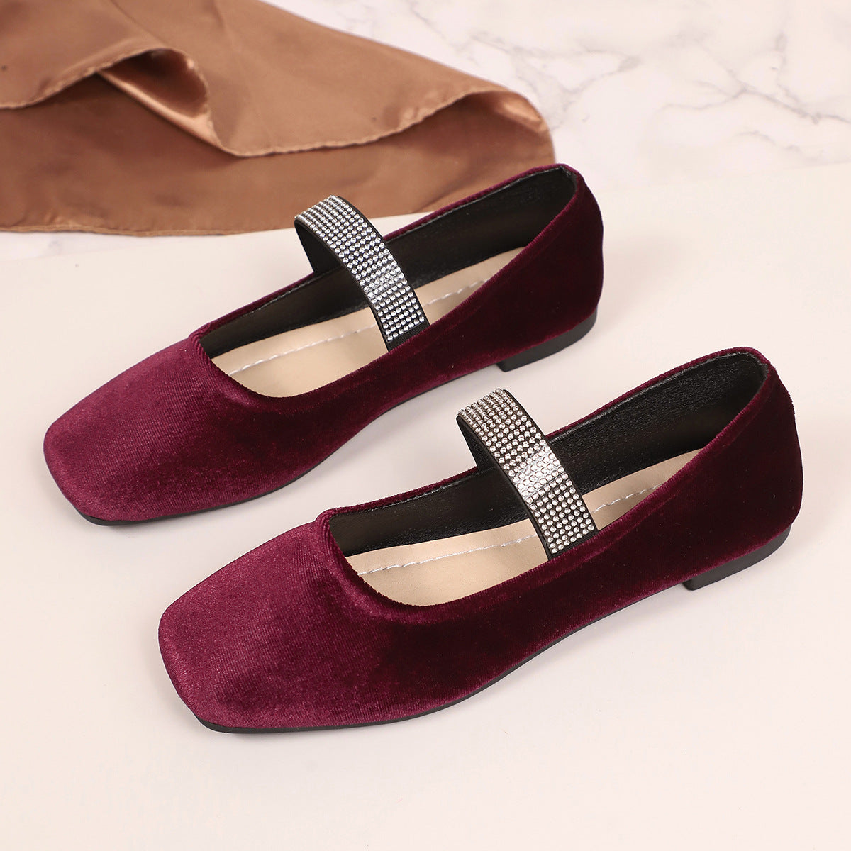Arrival Suede Rhinestones Flat Pumps Women Comfortable Square Toe Low Cut Lightweight Four Seasons Work Shoes DestGlow