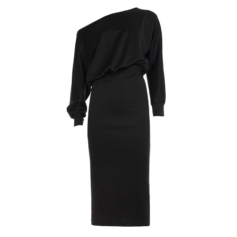Autumn Winter Women Clothing Cross Shoulder Bag Hip Long Sleeve Dress Party Comfortable Keep Warm Solid Color Gentle Maxi Dress by Ragazza