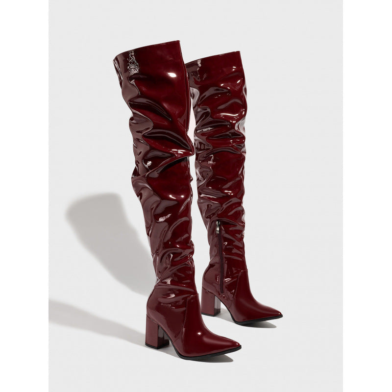 Pointed Toe Thick Heel Bright Leather Natural Wrinkle Side Zipper Comfortable Qualcomm Women Boots DestGlow