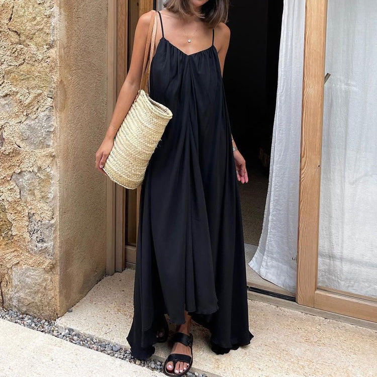 Women Clothing Fashionable Sleeveless Cami Dress Simple Graceful Backless Loose Black Dress by Ragazza