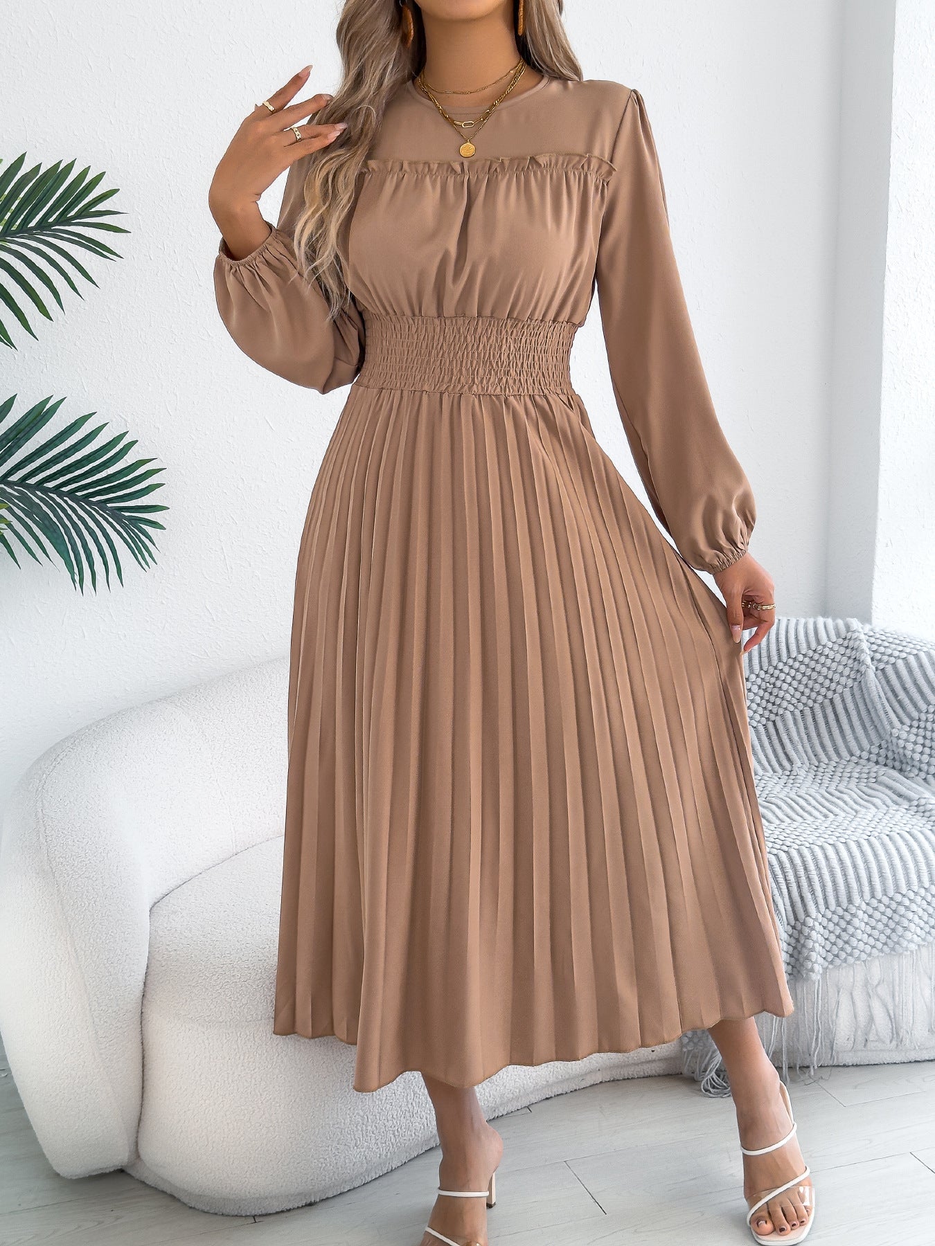Women Clothing Spring Summer Elegant Wooden Ear Long Sleeved Waist Pleated Dress by Ragazza