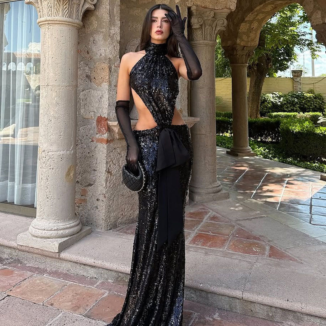 Autumn Winter Sexy Backless Hollow Out Cutout out Stitching Maxi Dress Elegant Sequ Dress by Ragazza