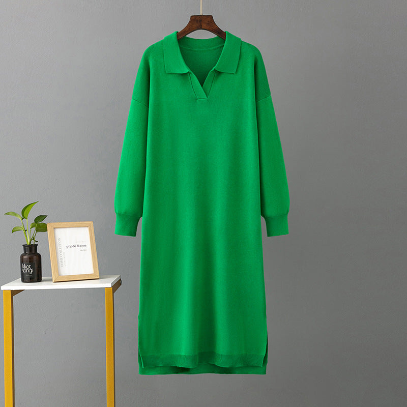 Autumn Winter Polo Collar Base Knitting Loose Solid Color Women Dress by Ragazza